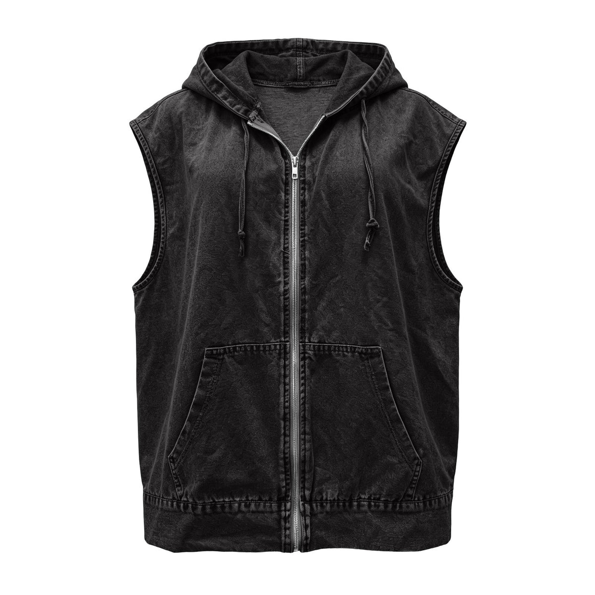 Hooded Sleeveless Denim Zip Jacket - Black