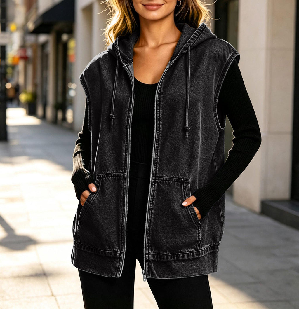 Hooded Sleeveless Denim Zip Jacket - Black - 1