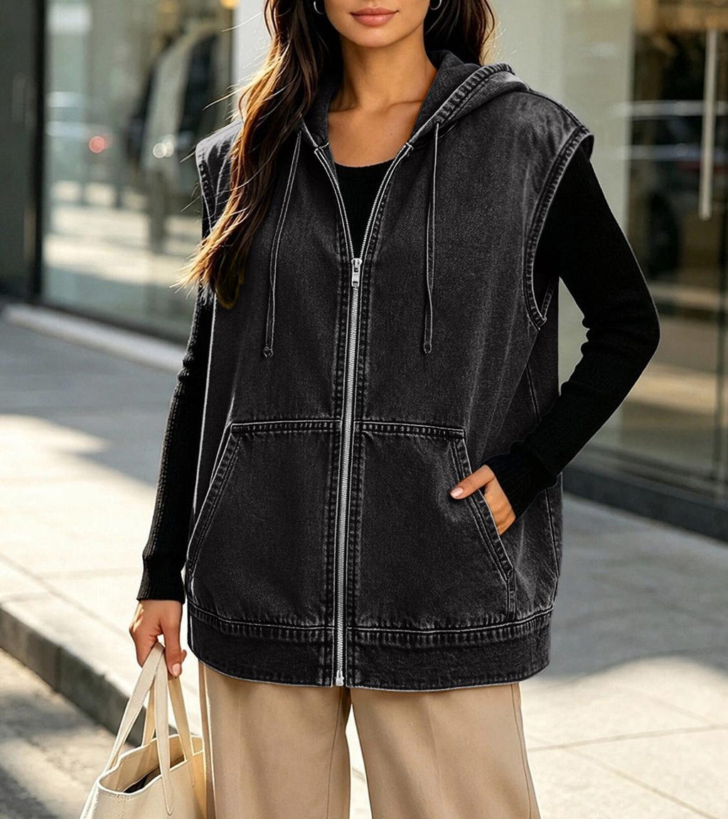 Hooded Sleeveless Denim Zip Jacket - Black - 2