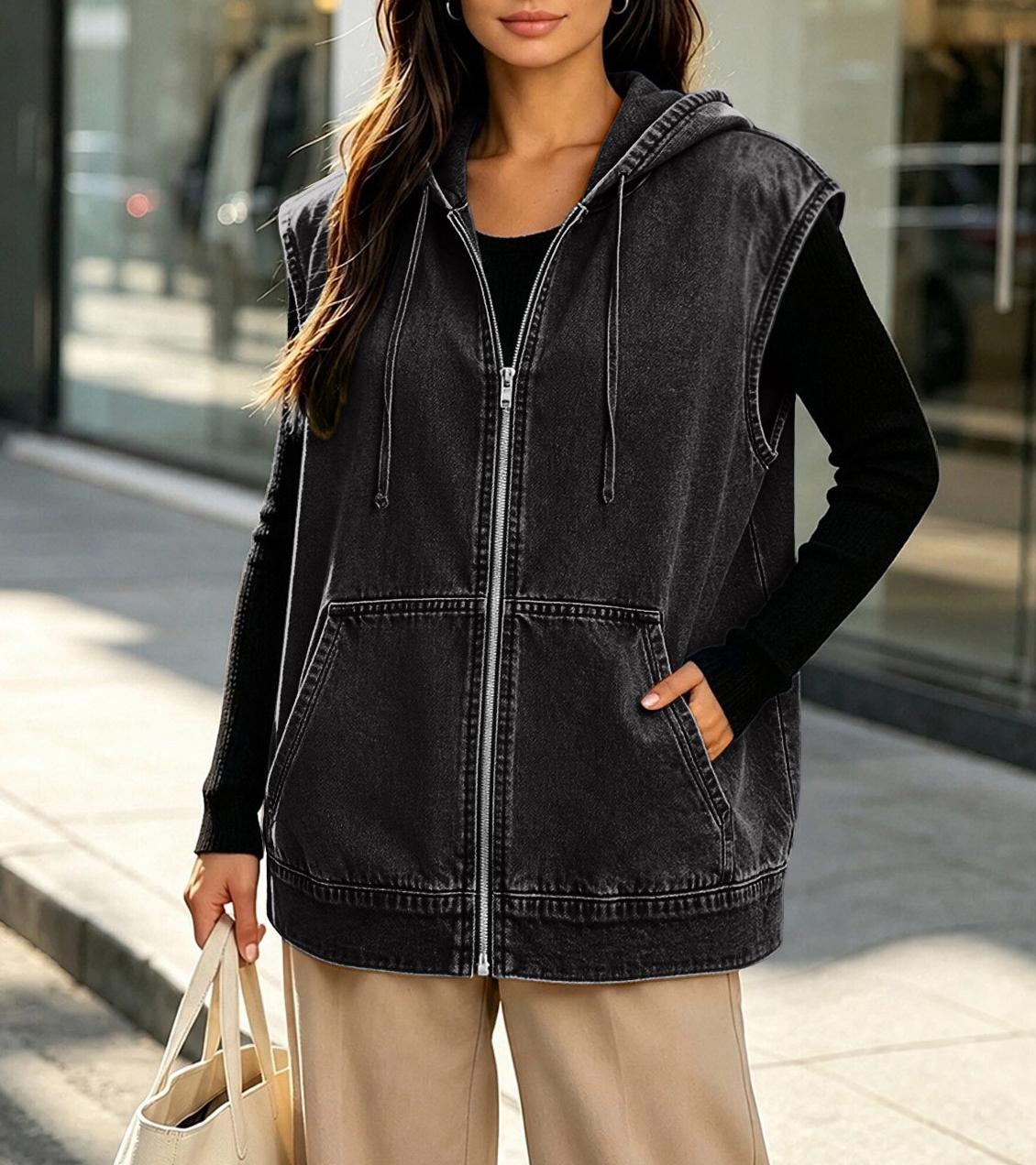 Hooded Sleeveless Denim Zip Jacket - Black - 2