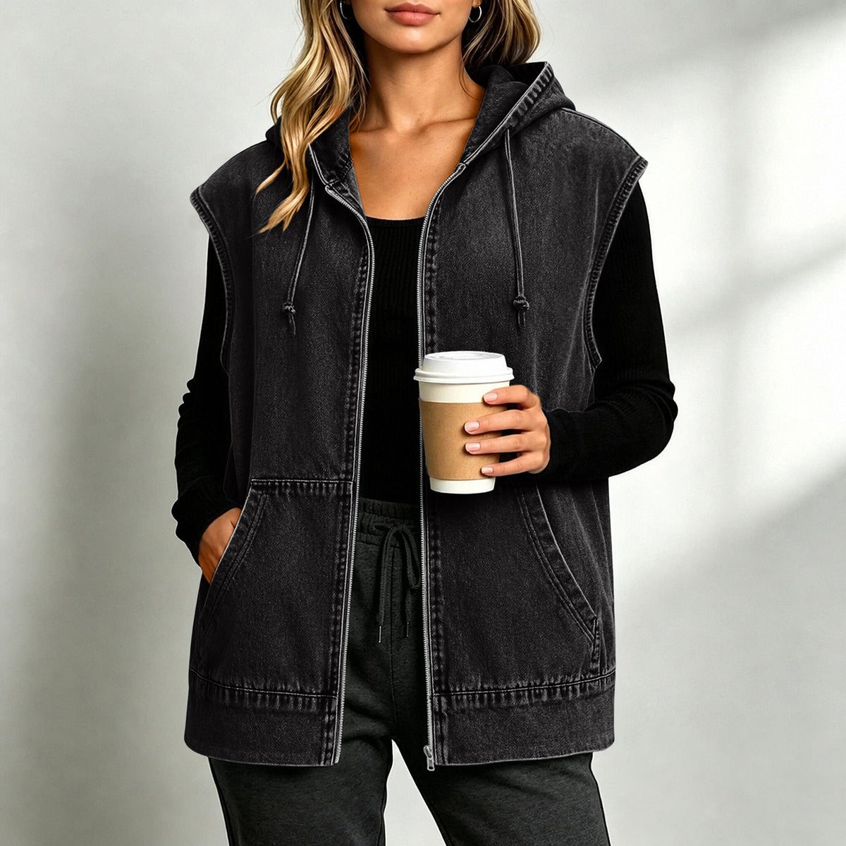 Hooded Sleeveless Denim Zip Jacket - Black - 3