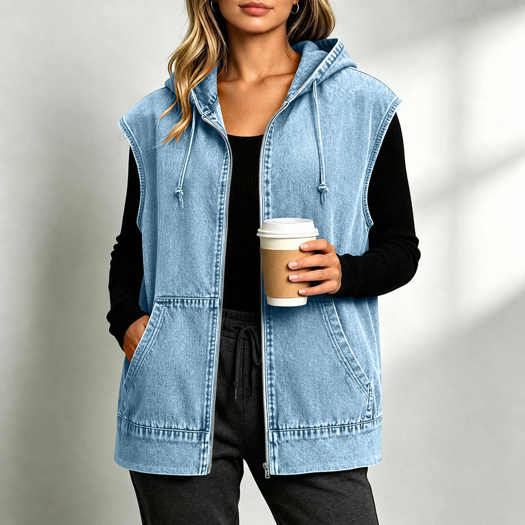 Hooded Sleeveless Denim Zip Jacket - Blue