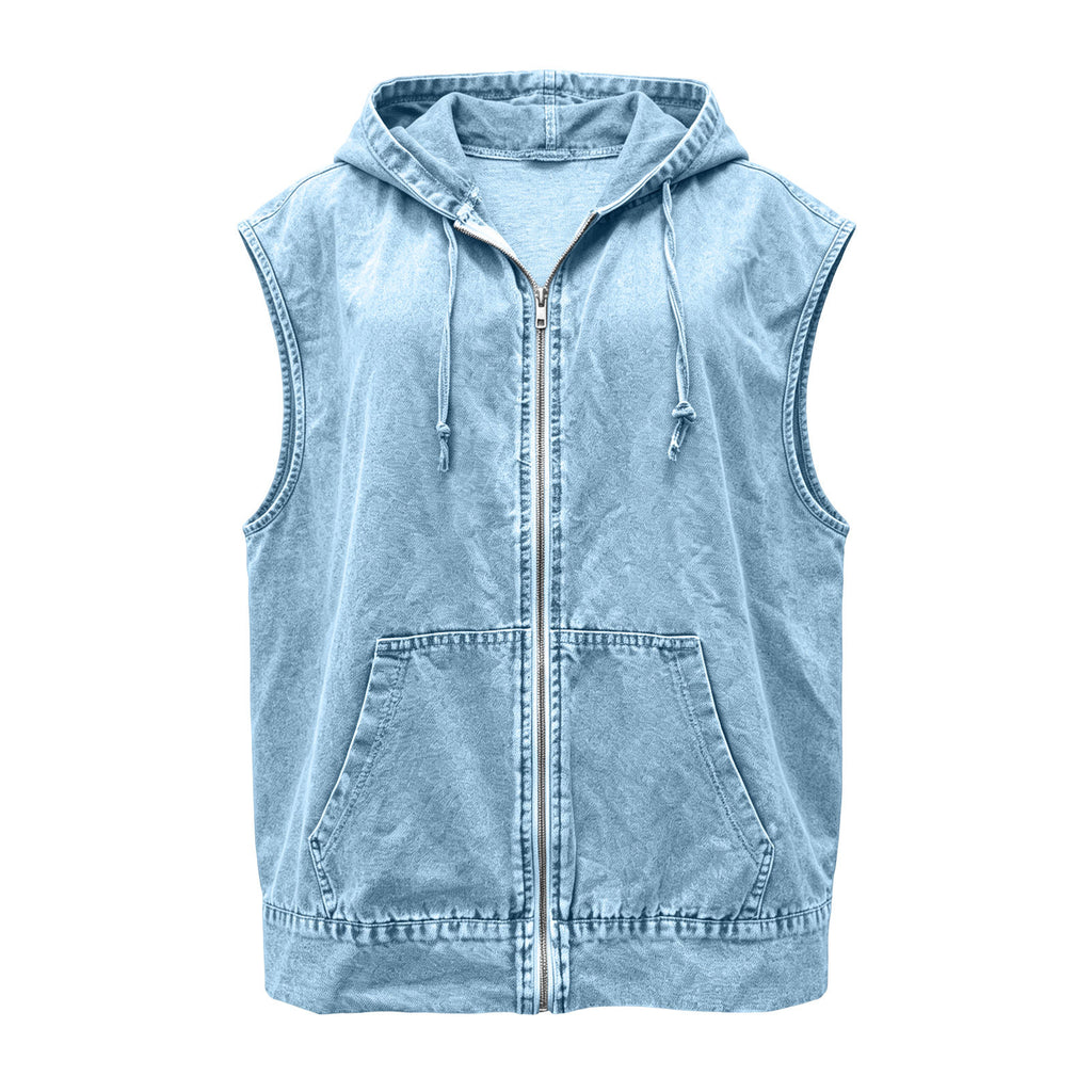 Hooded Sleeveless Denim Zip Jacket - Blue - 1
