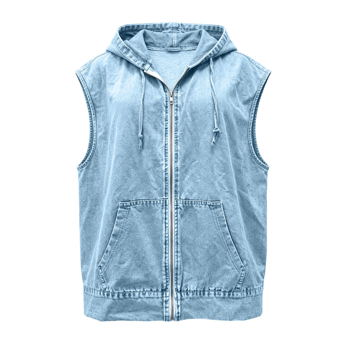 Hooded Sleeveless Denim Zip Jacket - Blue - 1