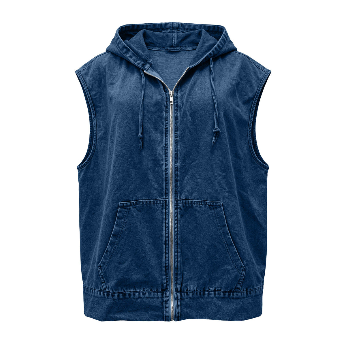 Hooded Sleeveless Denim Zip Jacket - DarkBlue