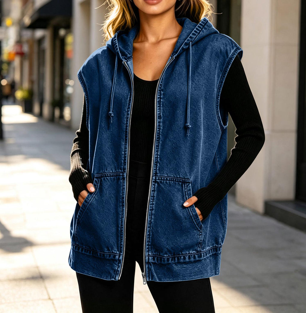 Hooded Sleeveless Denim Zip Jacket - DarkBlue - 1