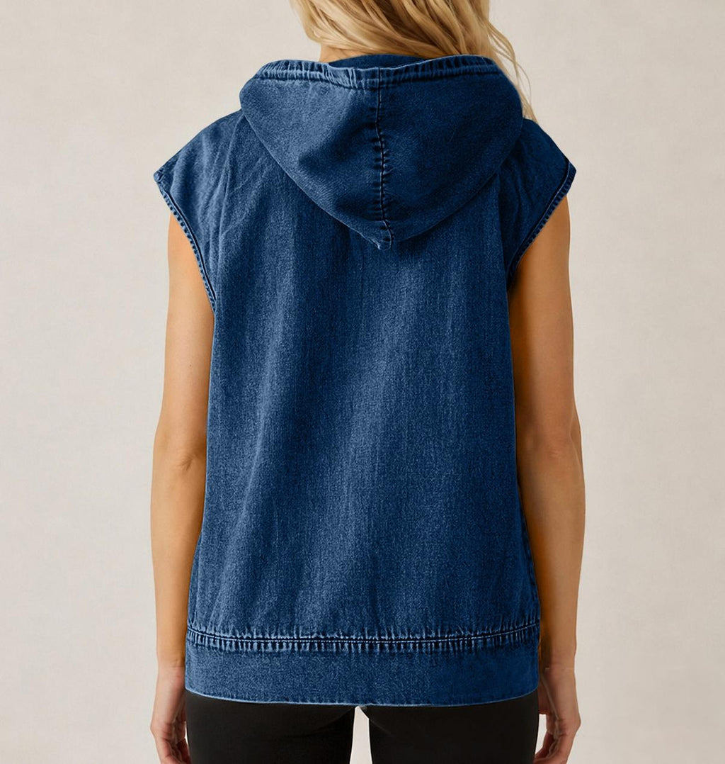 Hooded Sleeveless Denim Zip Jacket - DarkBlue - 2