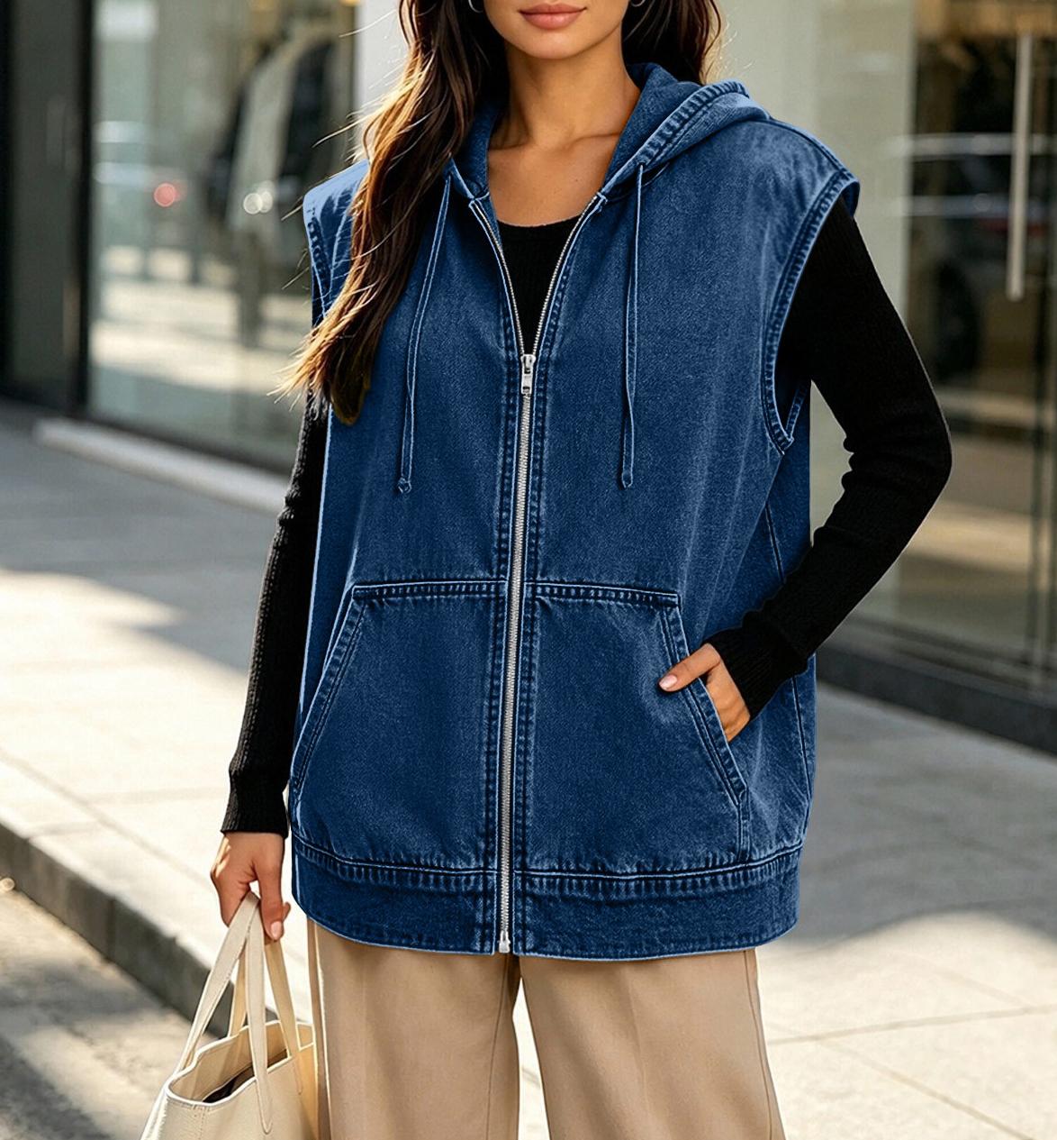 Hooded Sleeveless Denim Zip Jacket - DarkBlue - 3