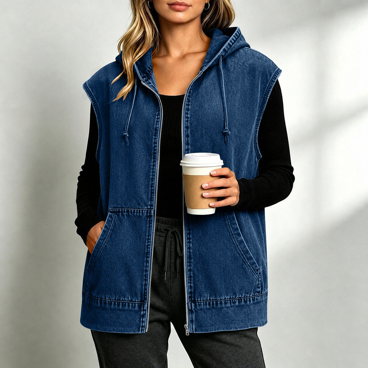Hooded Sleeveless Denim Zip Jacket - DarkBlue - 4