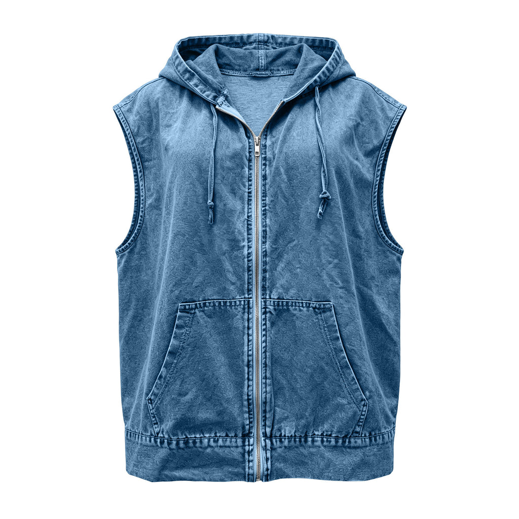 Hooded Sleeveless Denim Zip Jacket - MBlue