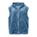 Hooded Sleeveless Denim Zip Jacket - MBlue