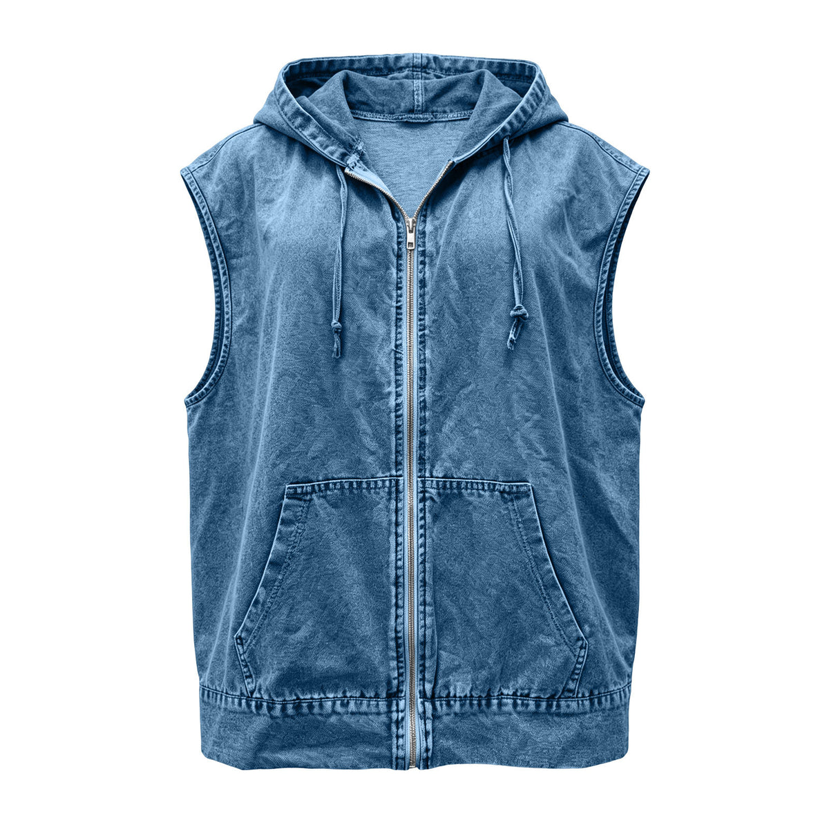 Hooded Sleeveless Denim Zip Jacket - MBlue