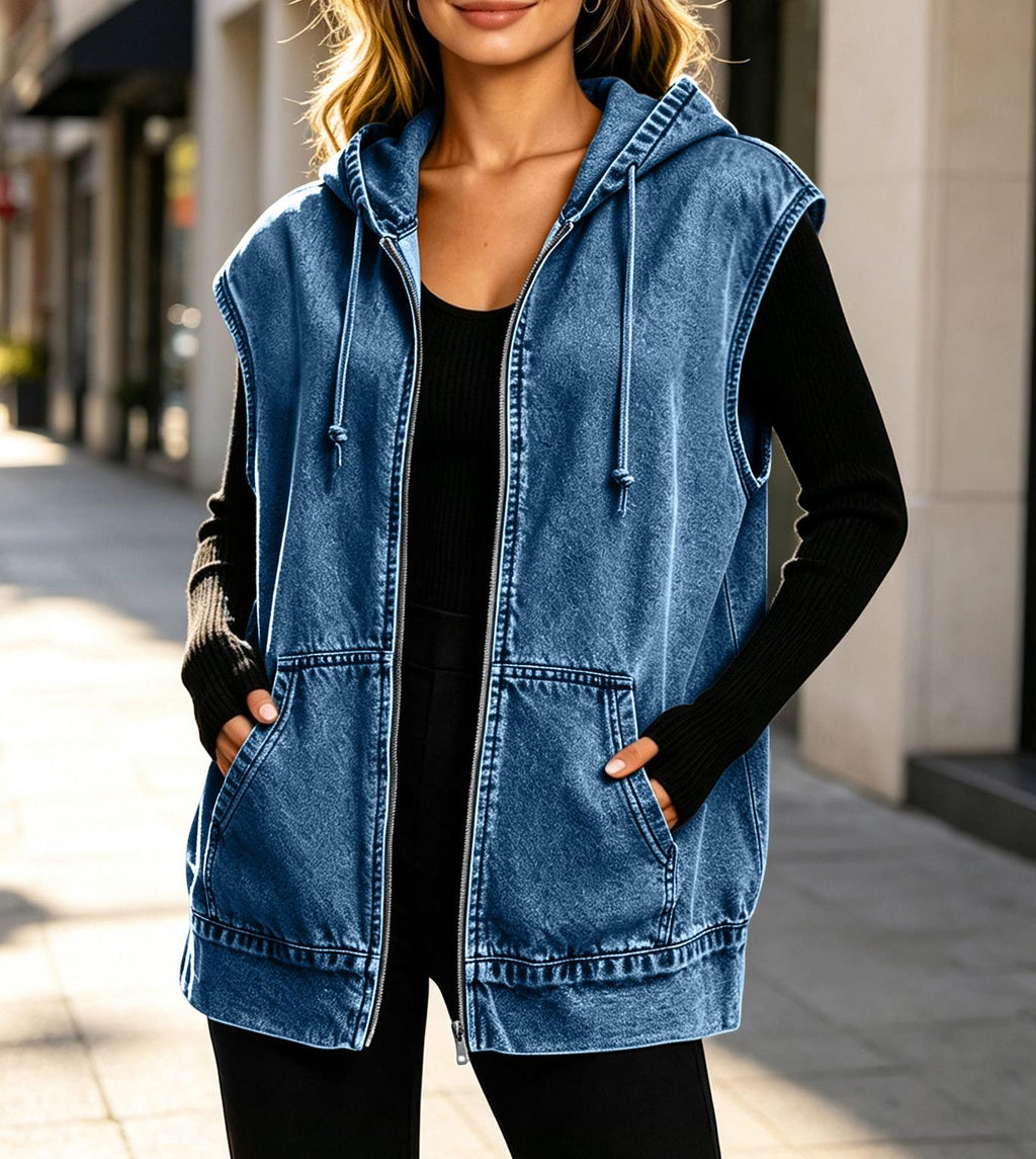 Hooded Sleeveless Denim Zip Jacket - MBlue - 1