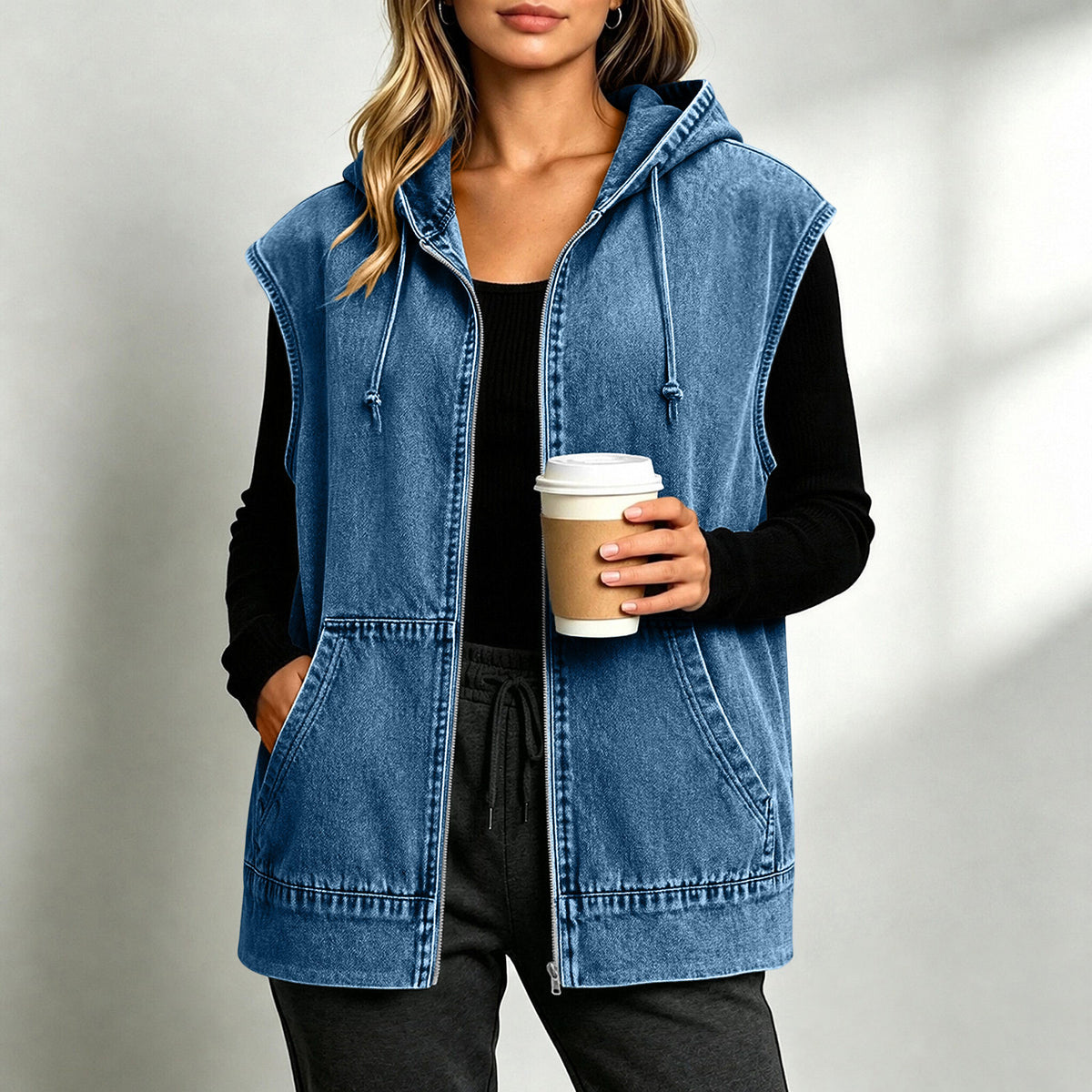 Hooded Sleeveless Denim Zip Jacket - MBlue - 2