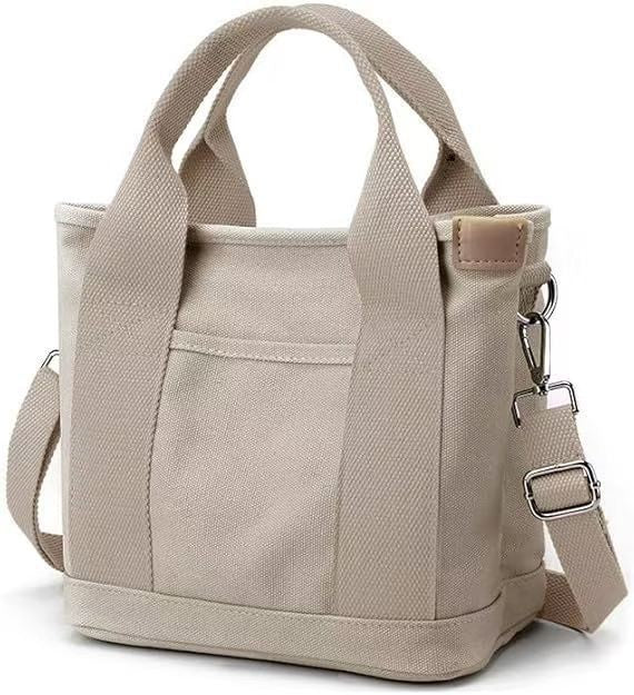 Canvas Mini Tote Bag with Crossbody Strap - Stone