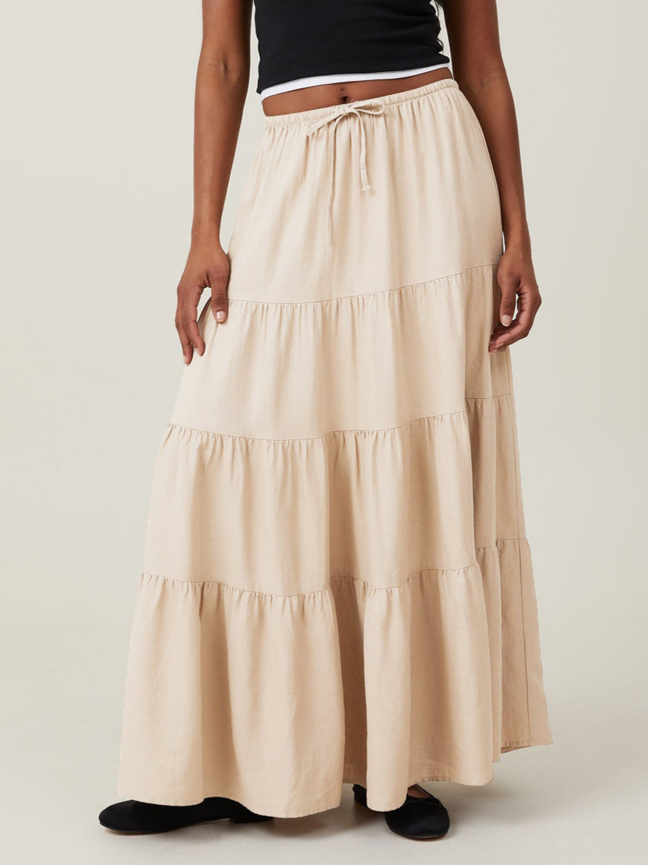 Tiered Drawstring Waist Maxi Skirt - Beige