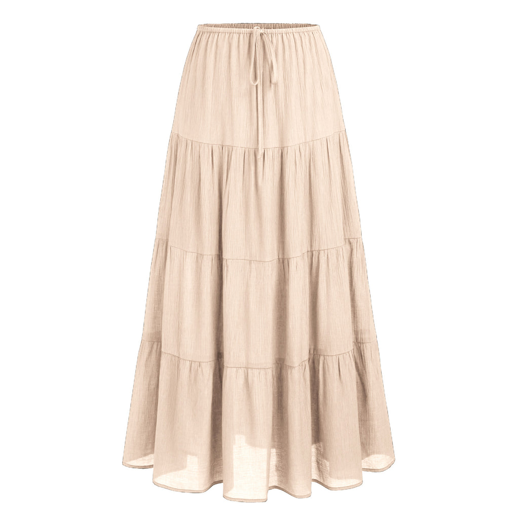 Tiered Drawstring Waist Maxi Skirt - Beige - 1