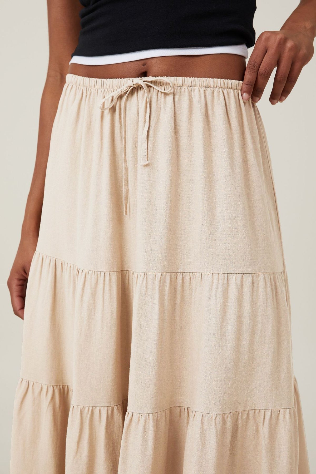 Tiered Drawstring Waist Maxi Skirt - Beige - 2