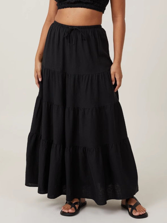 Tiered Drawstring Waist Maxi Skirt - Black - 1