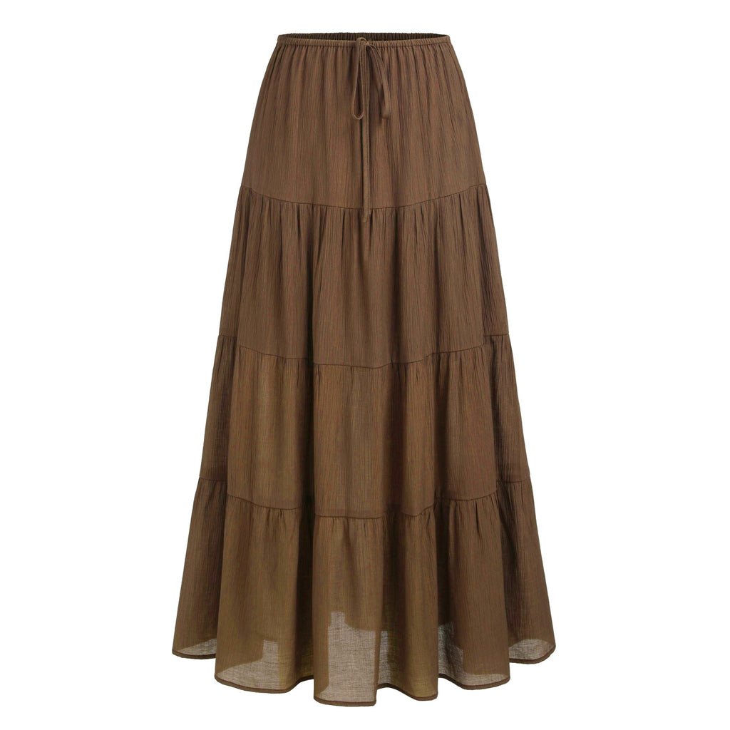 Tiered Drawstring Waist Maxi Skirt - Brown