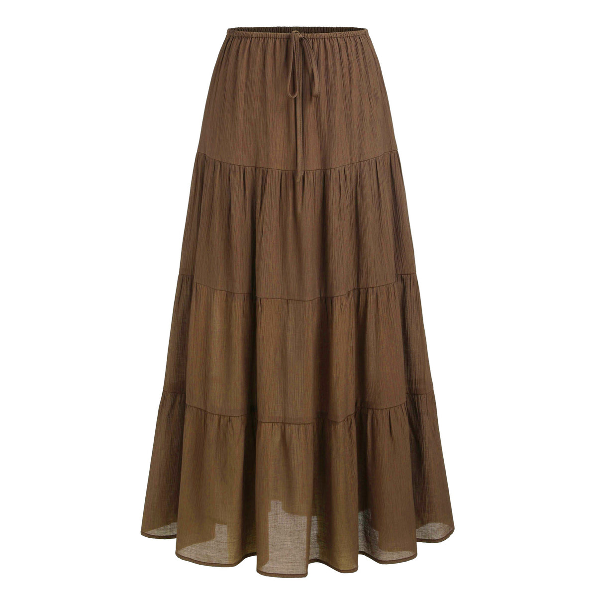 Tiered Drawstring Waist Maxi Skirt - Brown