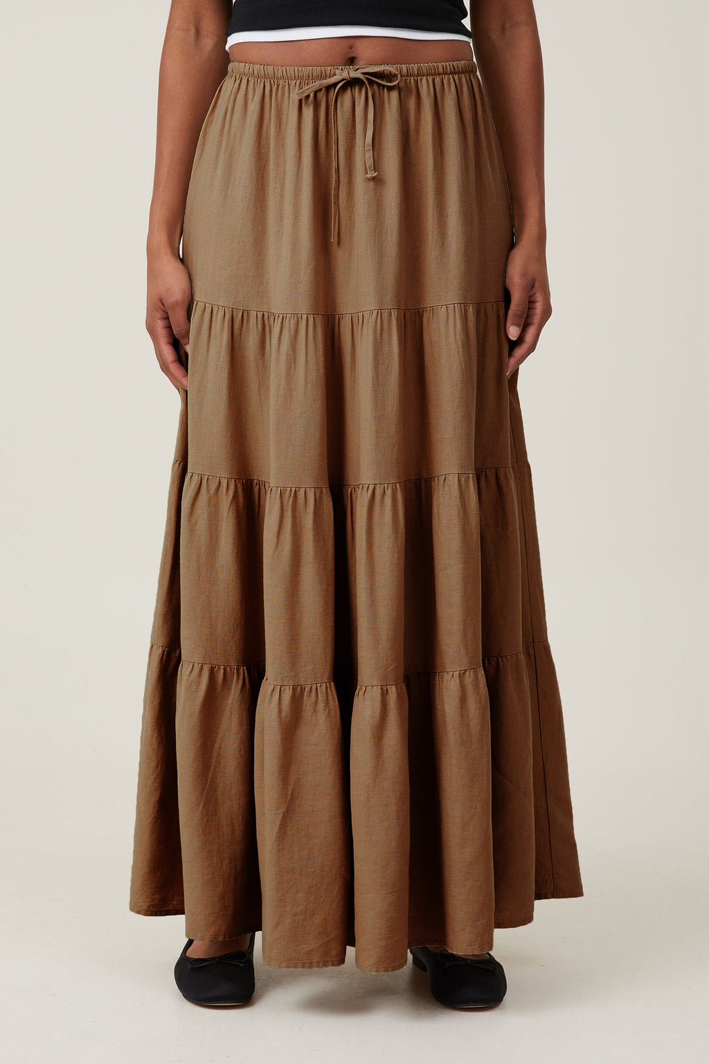 Tiered Drawstring Waist Maxi Skirt - Brown - 1