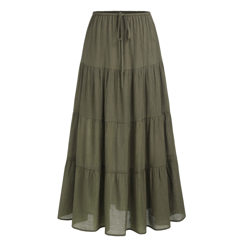 Tiered Drawstring Waist Maxi Skirt - Olive