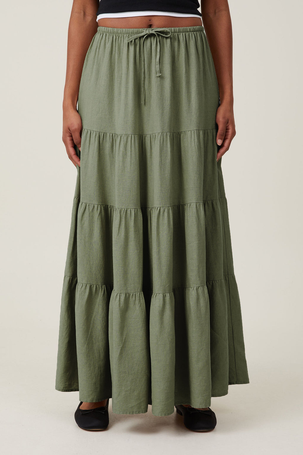 Tiered Drawstring Waist Maxi Skirt - Olive - 1