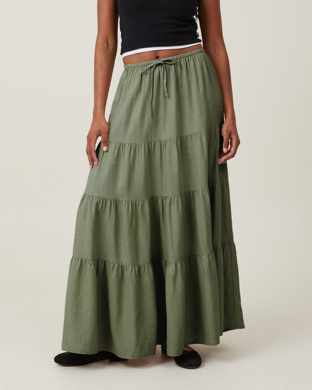 Tiered Drawstring Waist Maxi Skirt - Olive - 2