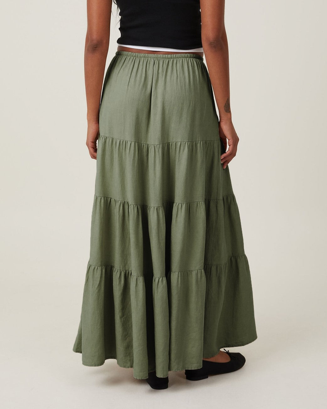 Tiered Drawstring Waist Maxi Skirt - Olive - 3