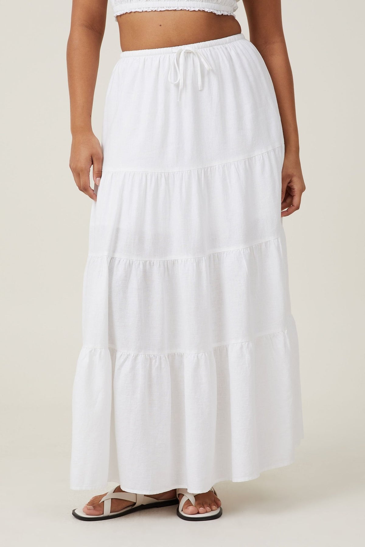 Tiered Drawstring Waist Maxi Skirt - White - 1