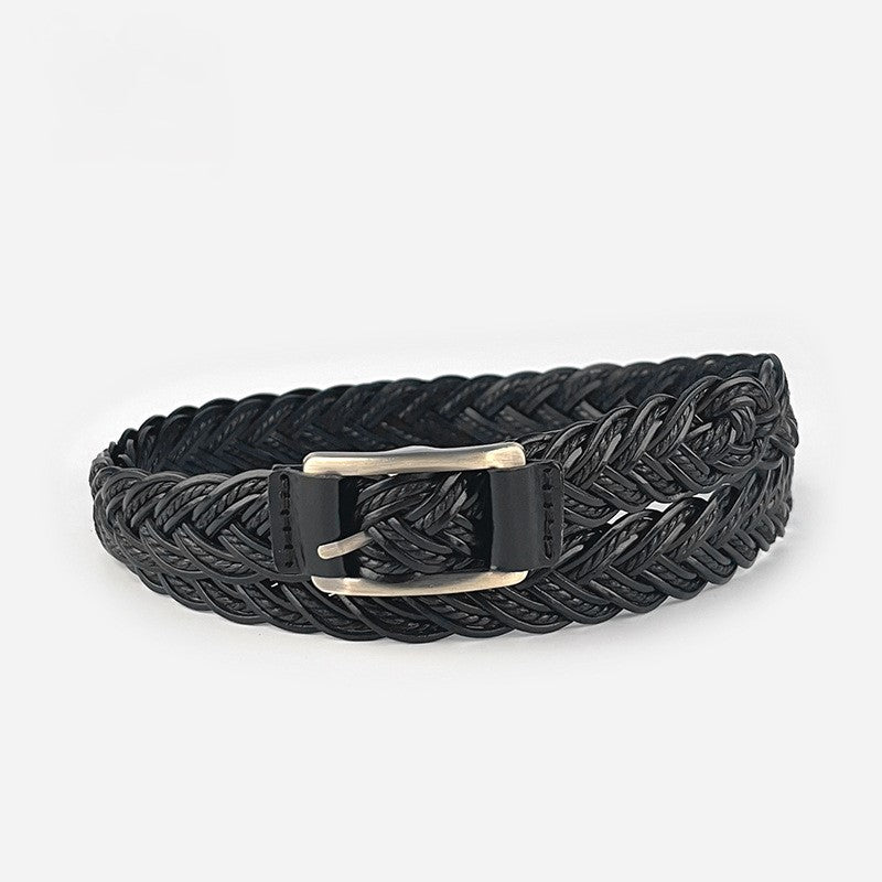 Braided Faux Leather Skinny Belt - Black