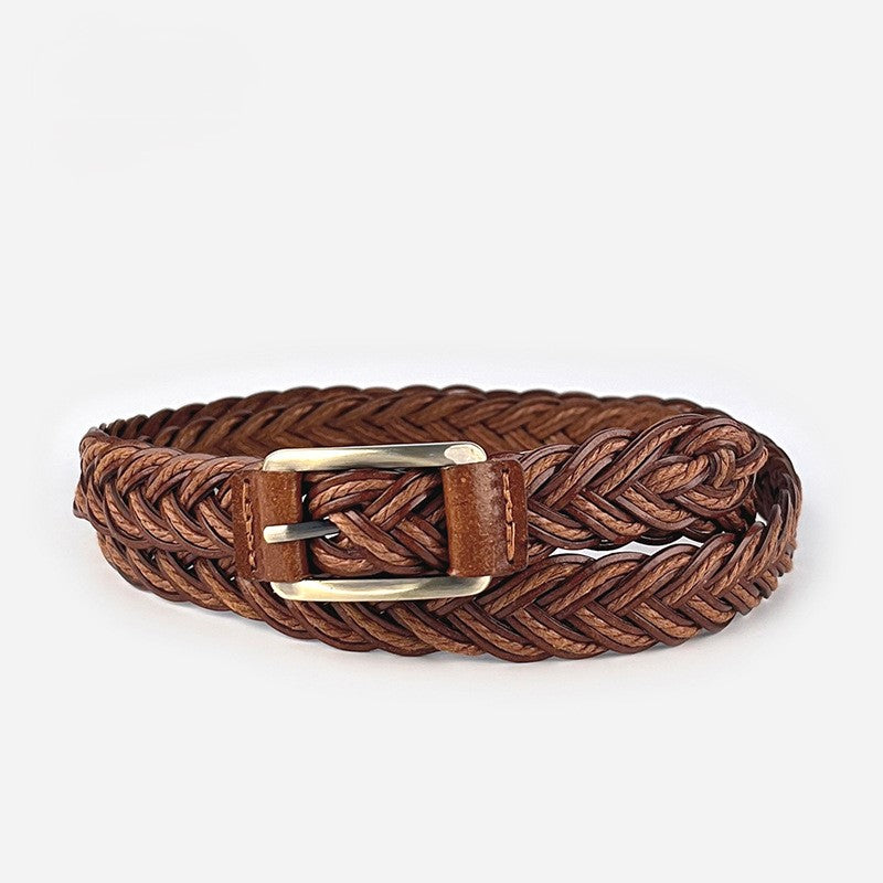 Braided Faux Leather Skinny Belt - Brown