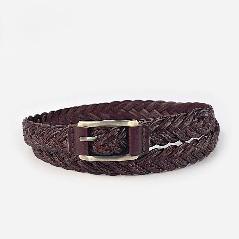 Braided Faux Leather Skinny Belt - Coffee