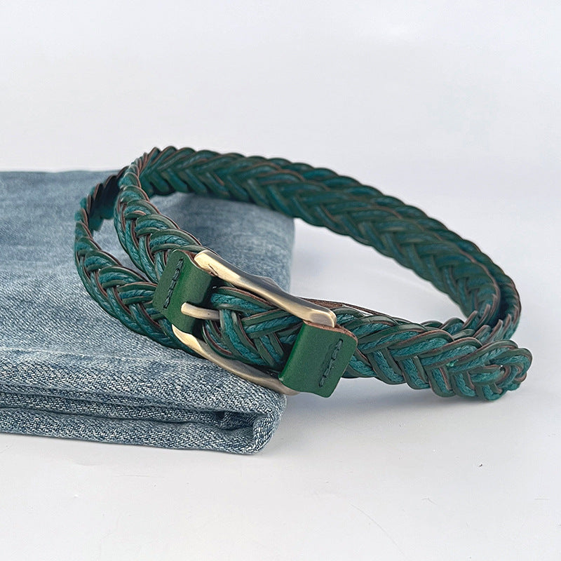 Braided Faux Leather Skinny Belt - Green
