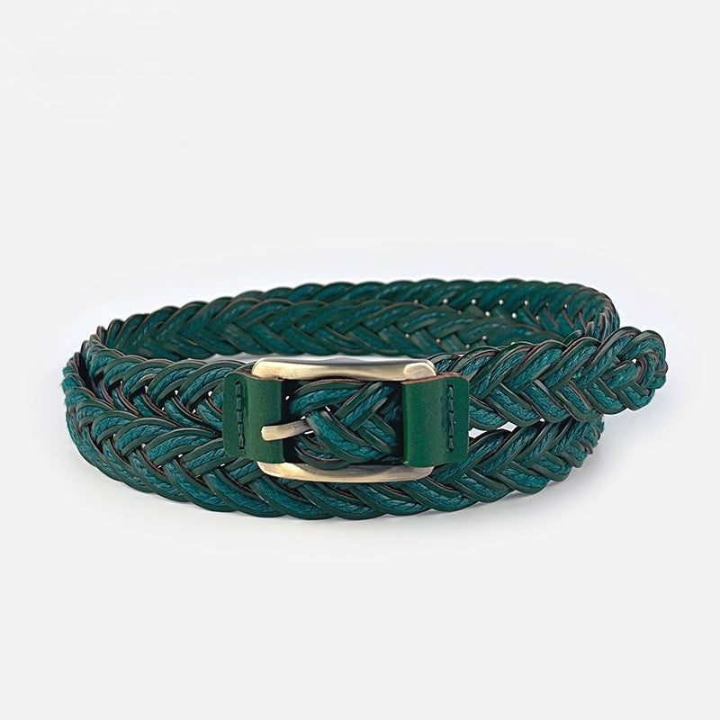 Braided Faux Leather Skinny Belt - Green - 1