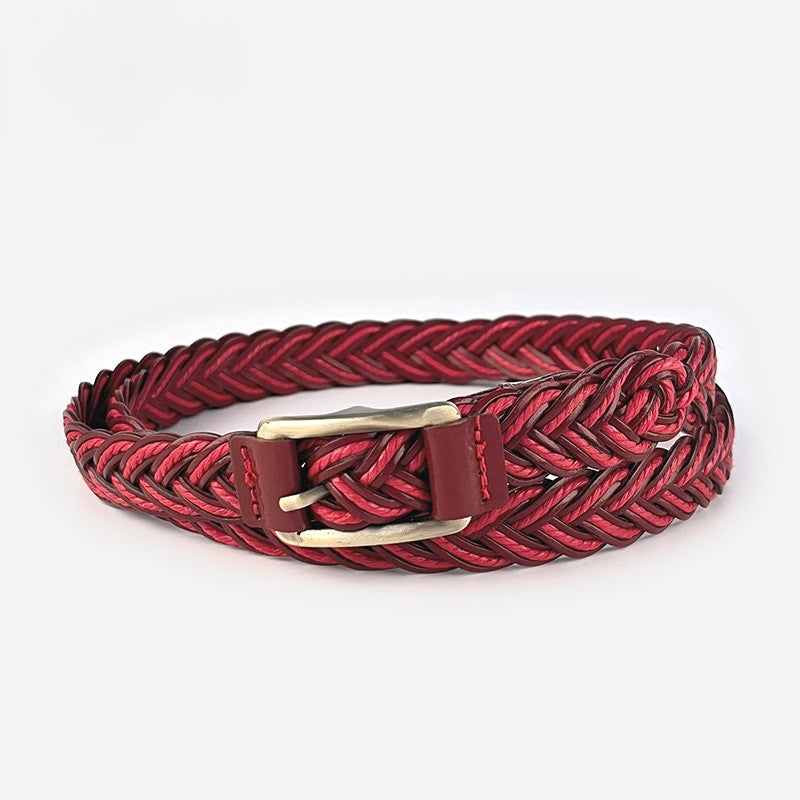 Braided Faux Leather Skinny Belt - Red