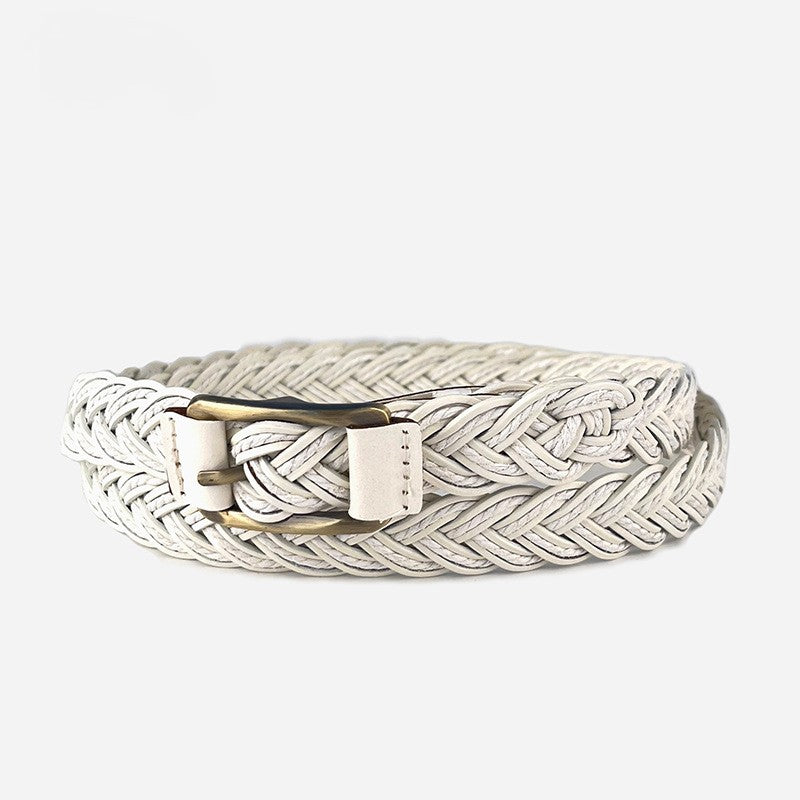 Braided Faux Leather Skinny Belt - White