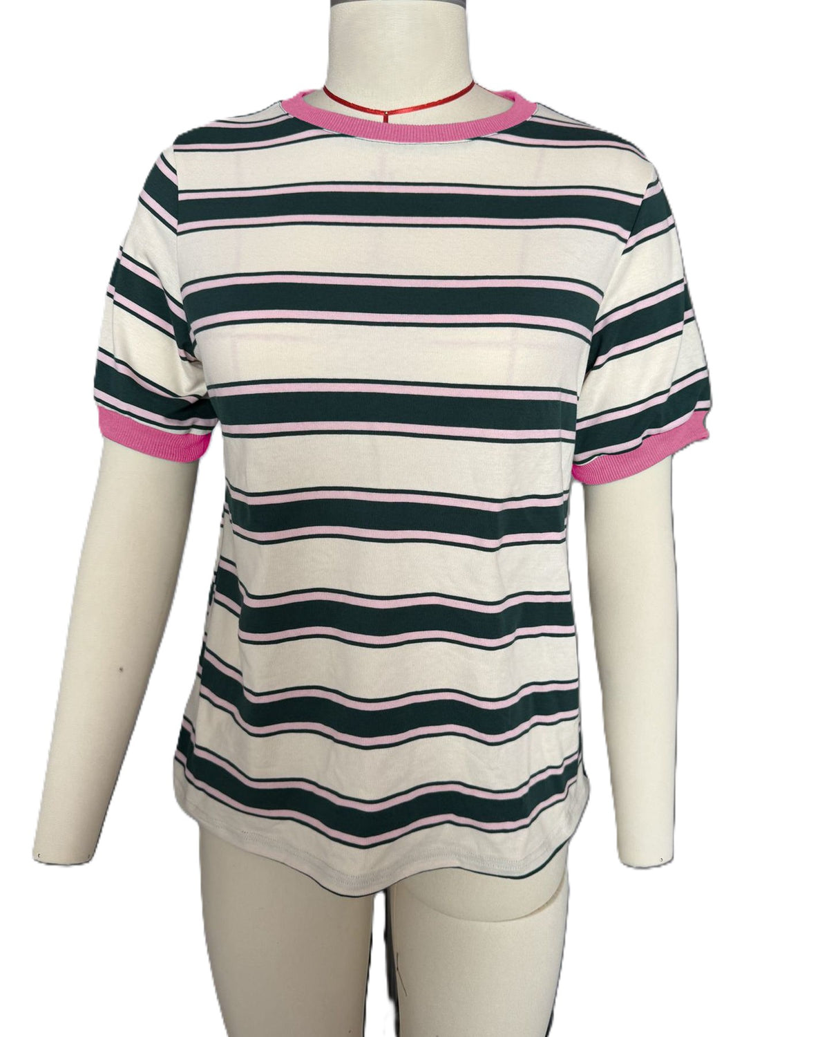 Striped Contrast Trim Ringer Tee - Pink