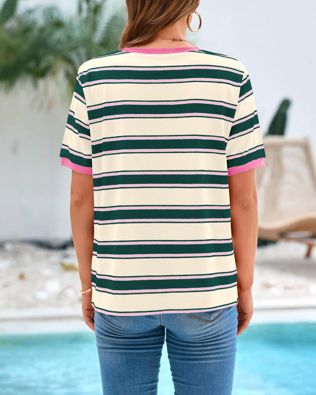 Striped Contrast Trim Ringer Tee - Pink - 1