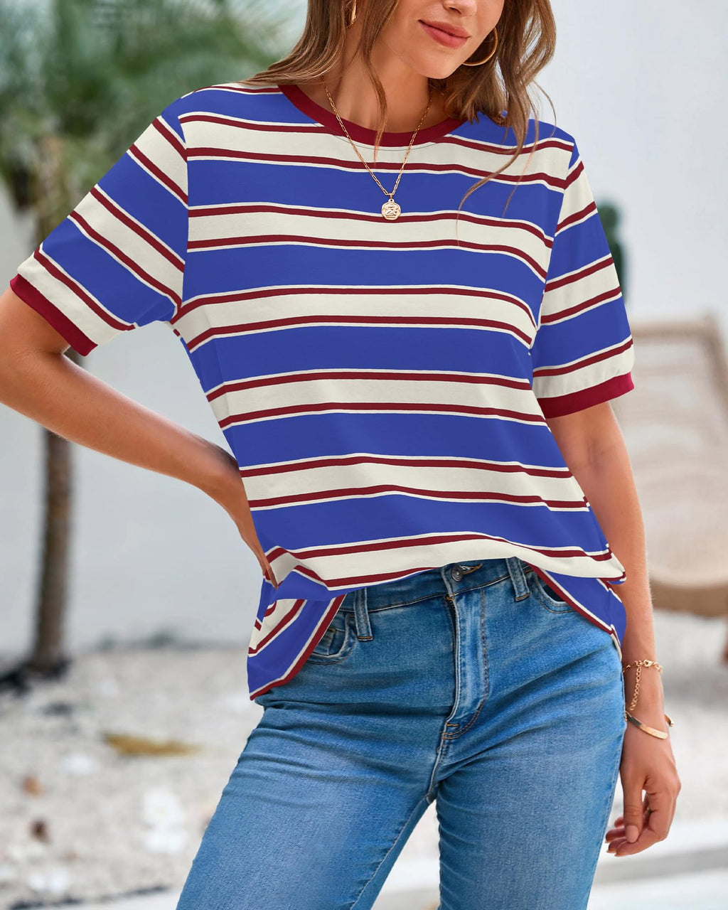Striped Contrast Trim Ringer Tee - Winered
