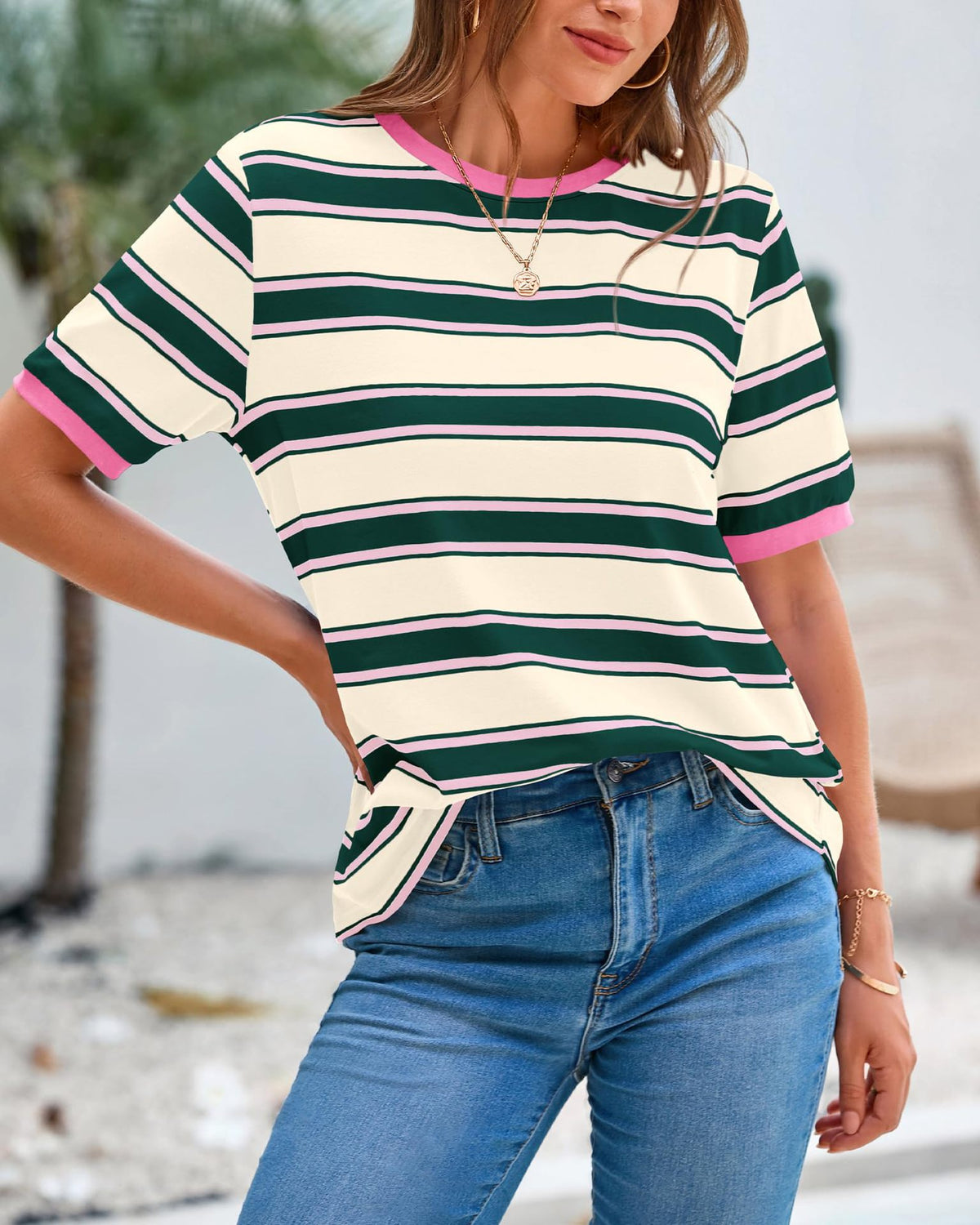 Striped Contrast Trim Ringer Tee