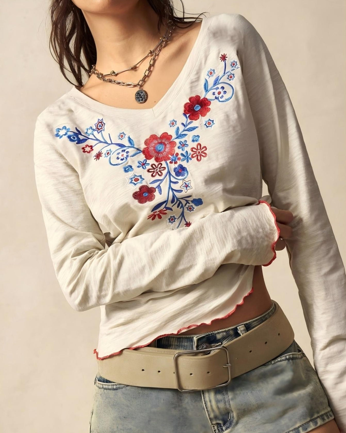 Boho Floral Embroidered V Neck Blouse - Apricot
