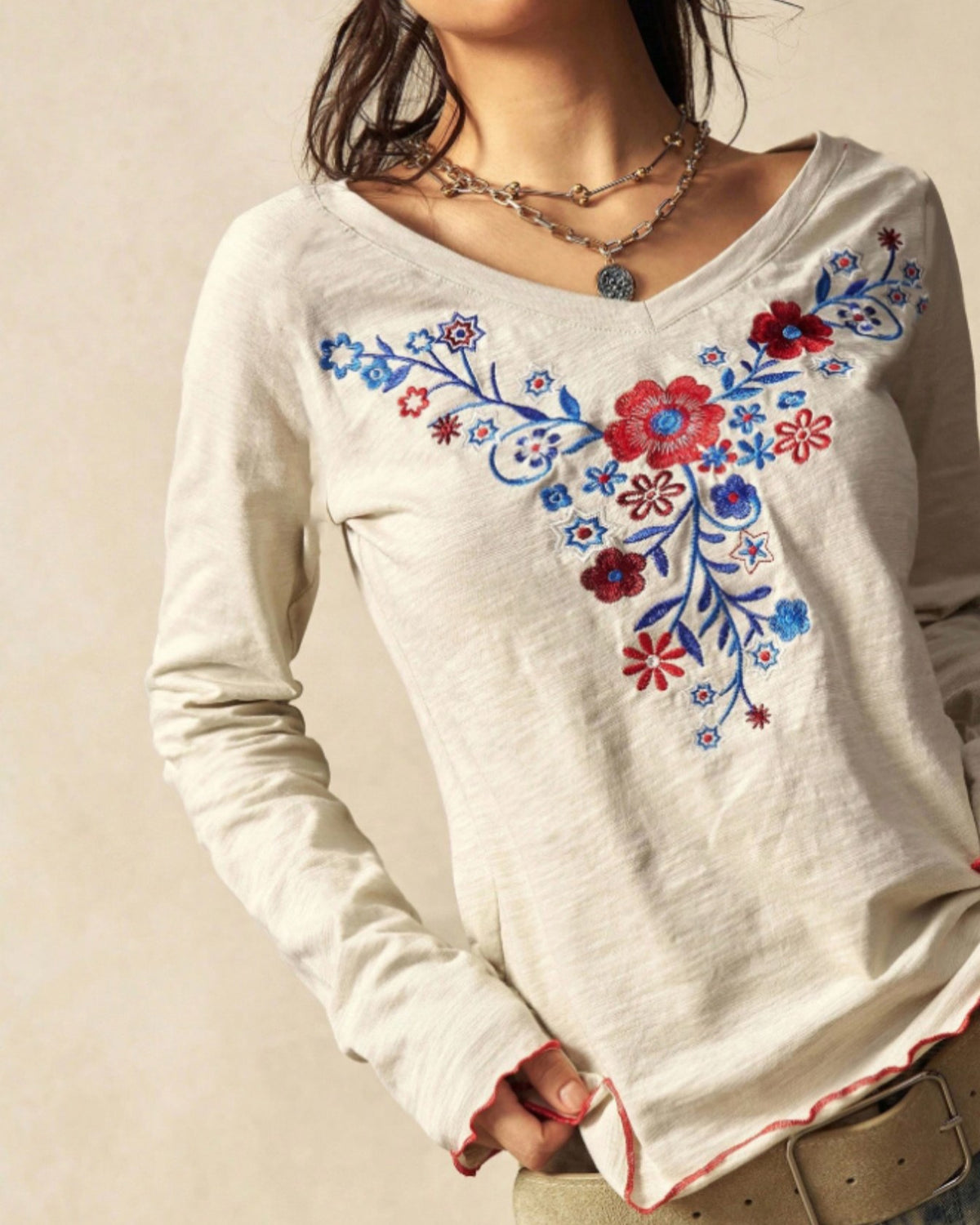 Boho Floral Embroidered V Neck Blouse - Apricot - 1