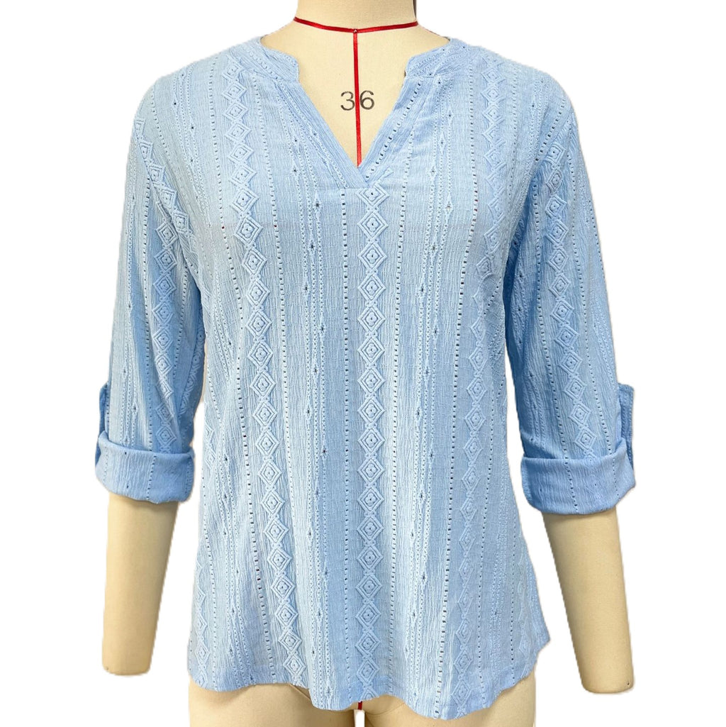 Textured Notch Neck Roll Sleeve Tee - Blue