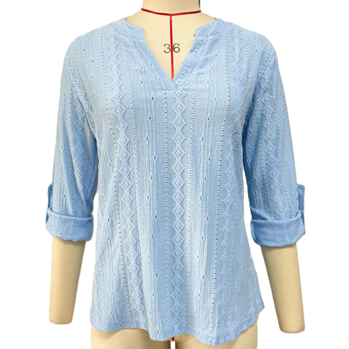 Textured Notch Neck Roll Sleeve Tee - Blue