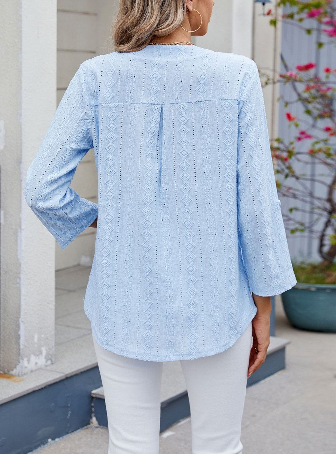 Textured Notch Neck Roll Sleeve Tee - Blue - 2