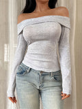 Foldover Off Shoulder Top in Ribbed Knit - Grey