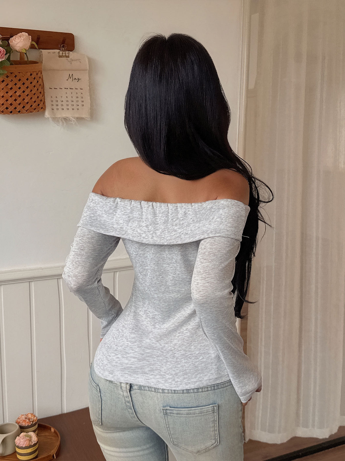 Foldover Off Shoulder Top in Ribbed Knit - Grey - 2