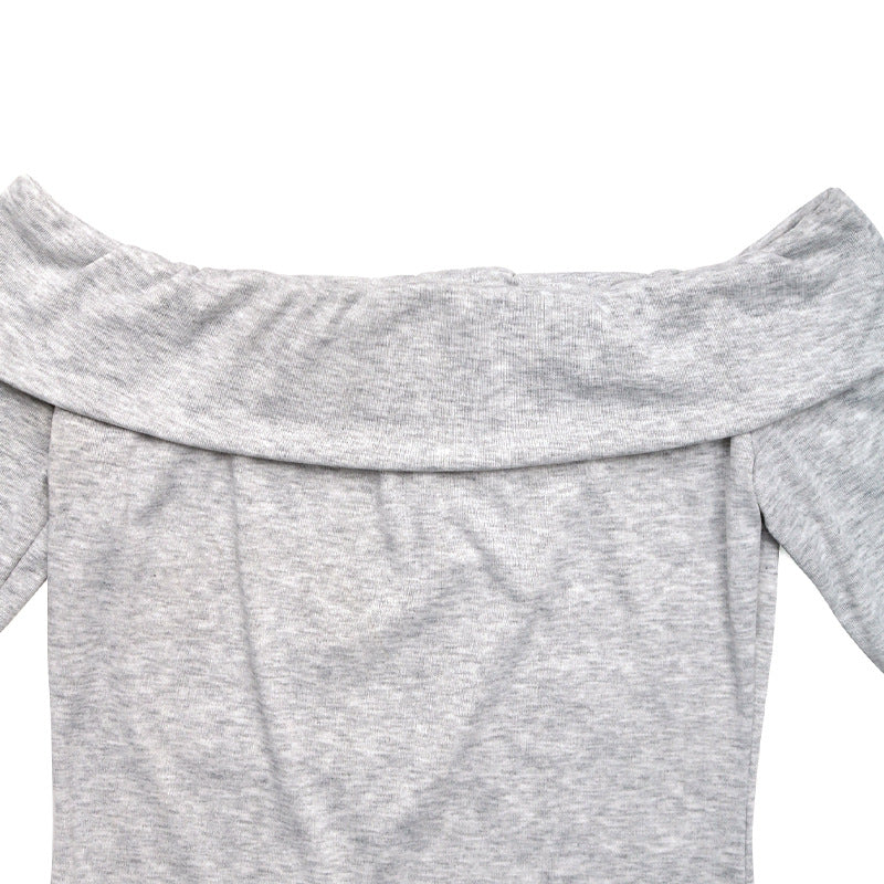 Foldover Off Shoulder Top in Ribbed Knit - Grey - 4